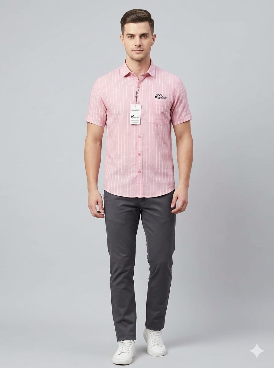 Mens Red White Line Half Shirt